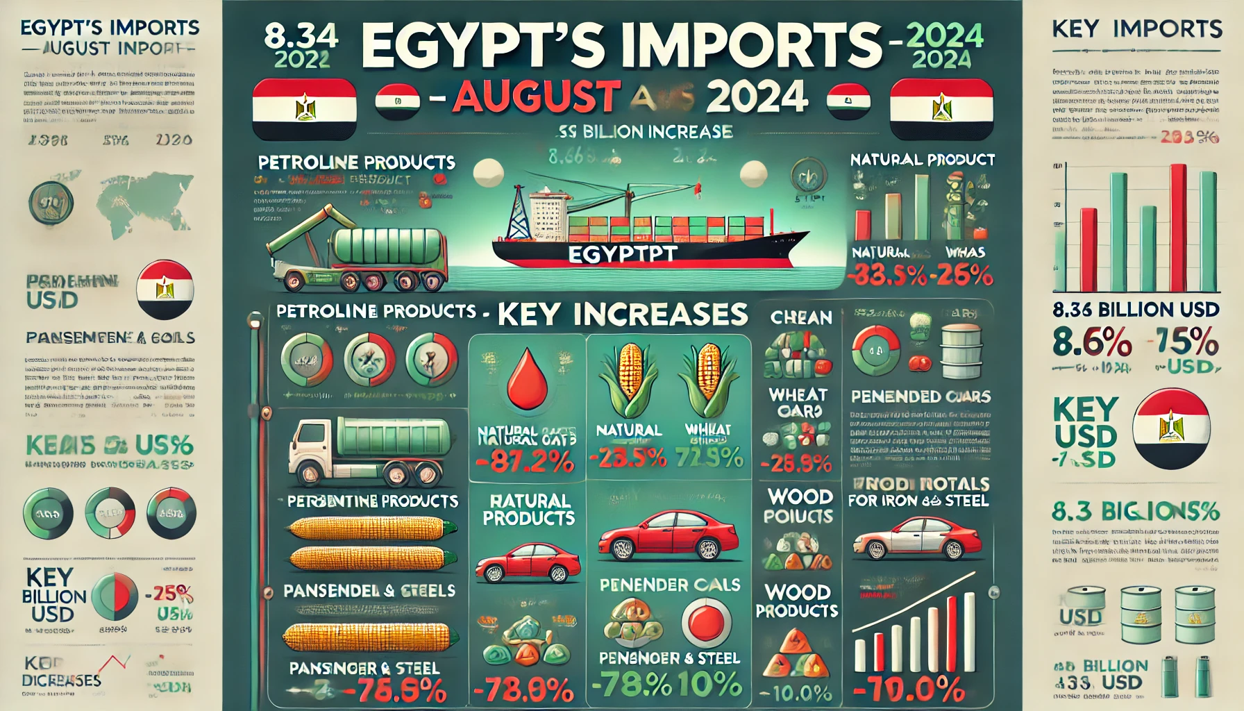 انفوجراف 21.3% ارتفاعاً في عجز الميزان التجاري بمصر خلال أغسطس 2024